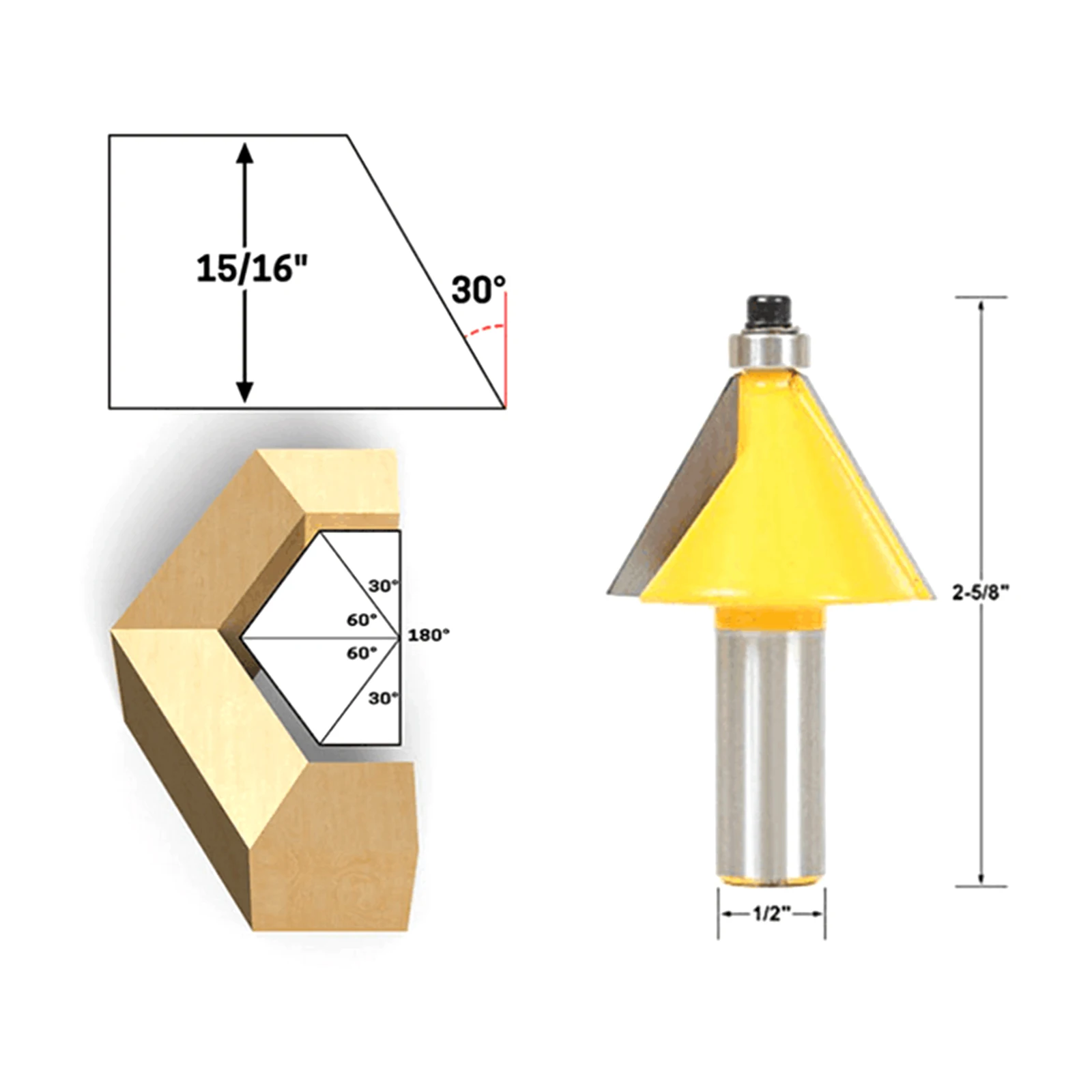 DRELD 1pc Woodworking Capenter Tools 1/2" Shank 30 Degree Chamfer & Bevel Edging Router Bit Wood