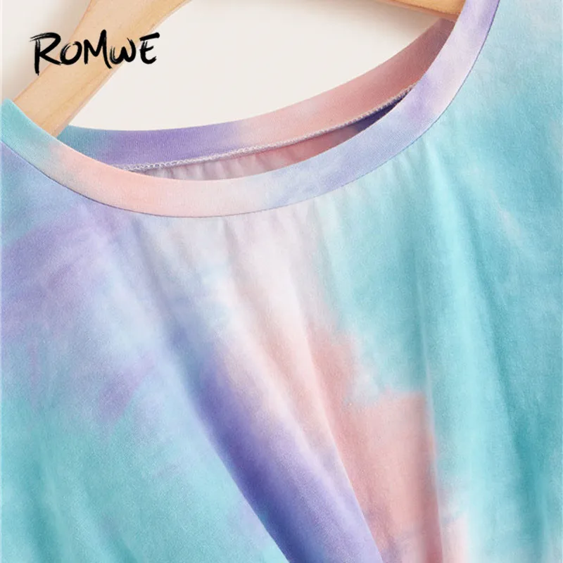 ROMWE Tie Dye Twist спереди Футболка женская одежда Повседневная круглый вырез короткий рукав летние укороченные женские топы Милая футболка
