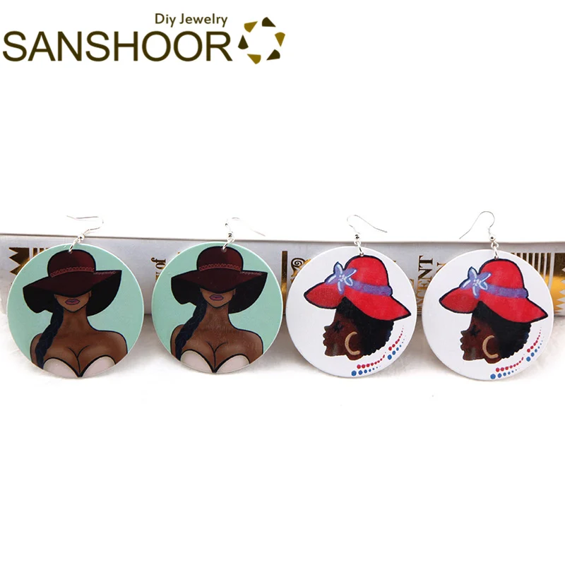 

SANSHOOR AFRO Black Lady's Hat Wood Dangle Earrings Afrocentric Headwrap Artistic Jewelry For Women Christmas Gifts 6Pairs