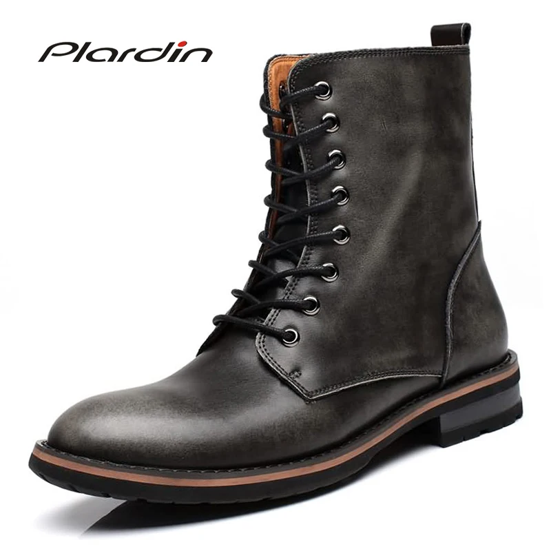 Plardin 2017 Genuine Leather Fashion motorcycle boots Comfortable Man Cross tied Mid calf Metal Decoration Army