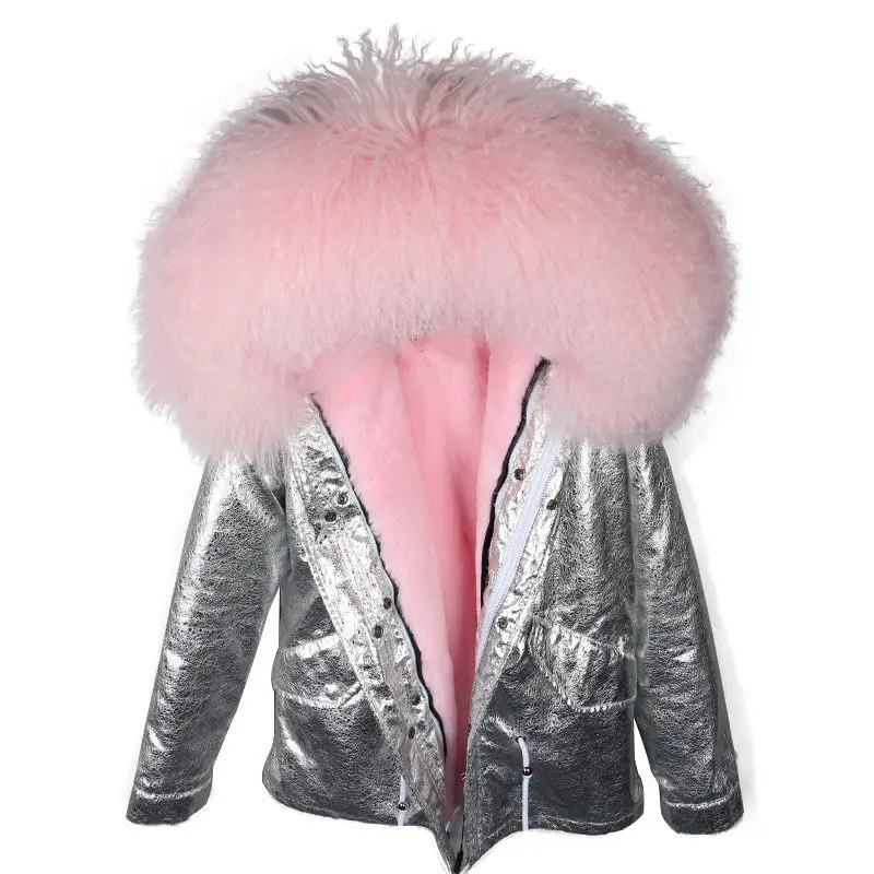 Parka Real Fur Coat Winter Jacket Women Real Mongolia Sheep Fur Parkas Thick Warm Luxury Detachable Outerwear Streetwear - Цвет: silver pink