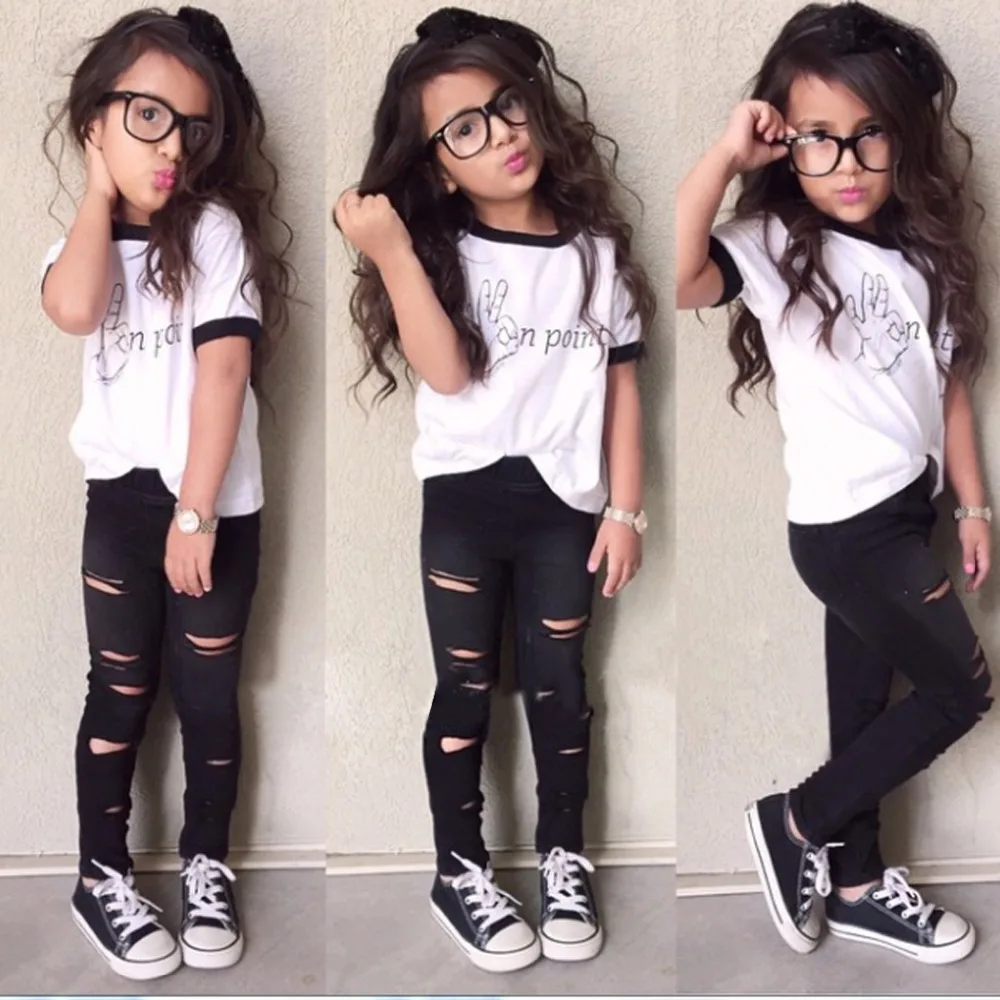 

Summer Baby Kids Girls Clothes Sets Fashion Tops Ripped Legging Tights Trousers 2pcs Outfits Set Children Girls Clothing