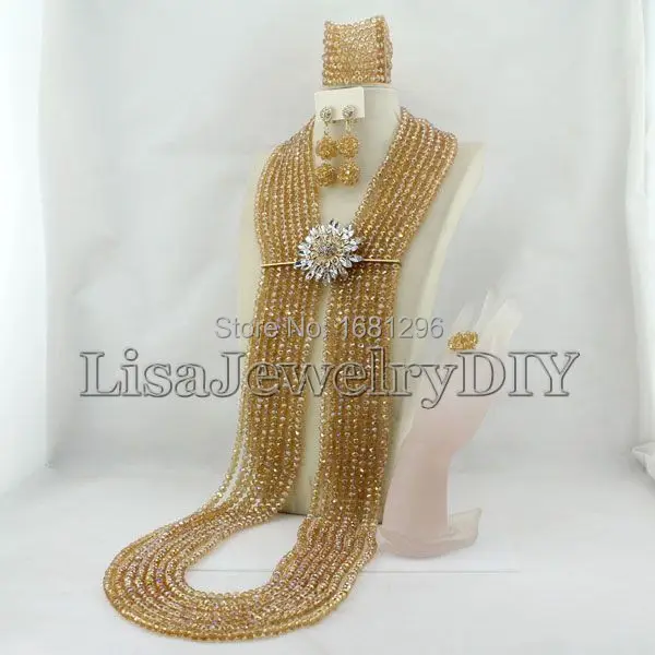 Восхитительный, в нигерийском стиле бусины Кристалл ожерелье браслет серьги Африканские свадебные бусы Ювелирные наборы HD0742