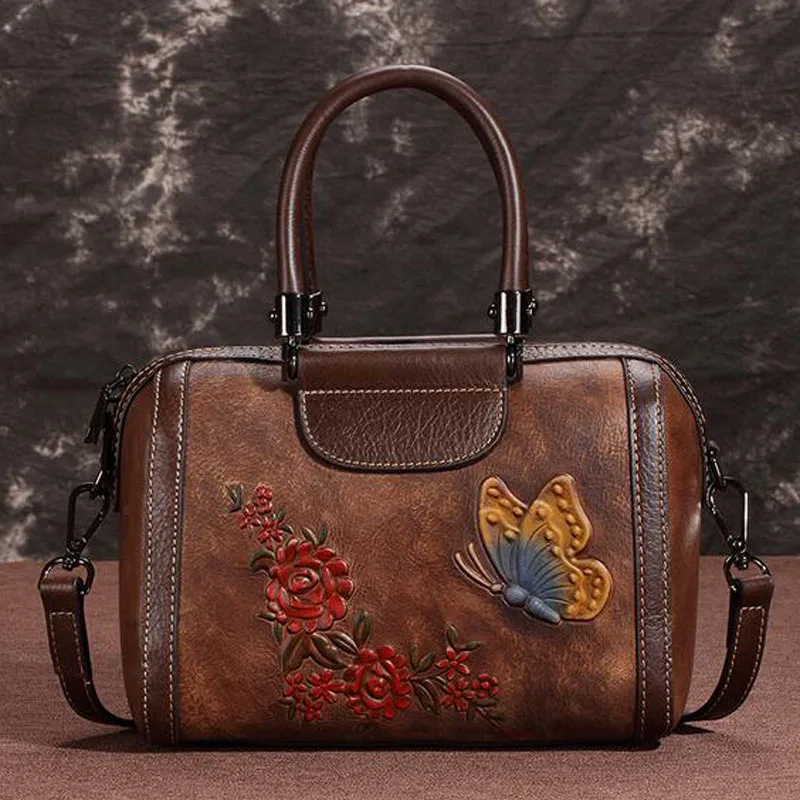 Натуральная кожа, женская сумка через плечо, Ретро стиль, цветочный узор, Бабочка, тисненая женская сумка, натуральная кожа, сумки на одно плечо