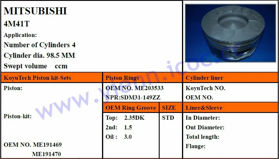 MITSUBISHI 4M41 4M41T поршневой комплект ME191469 ME191470 98,5 мм для MITSUBISHI Pajero KH-V78 V68 Запчасти для дизельного двигателя