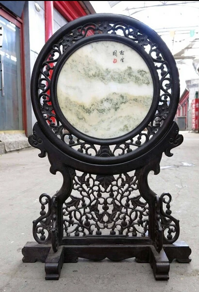 

bi002608 28" China wood handwork carved inlay Natural Marble picture Screen Statue