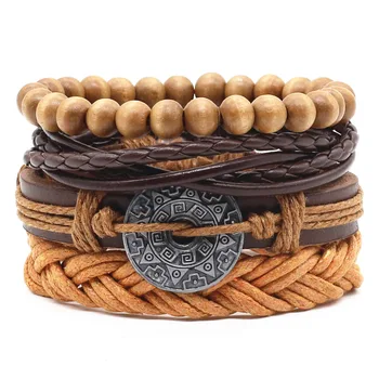 New Casual Weave Multilayer Fish Skull Words Leaf Charm Men Black Brown Leather Bracelets Female Women Homme Jewelry 4 PCS/Set