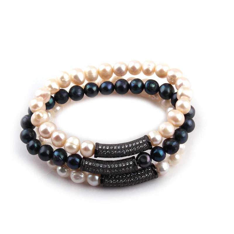 

Fashion Women Freshwater Pearl Strand Bracelets Hematite Silver Zircon Paved Bar Pearl Bracelet