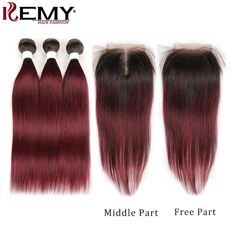 

Brazilian Straight Human Hair Bundles With Closure KEMY HAIR Dark Roots T1B/99J Hair Weaves Bundles Non Remy Hair Extension
