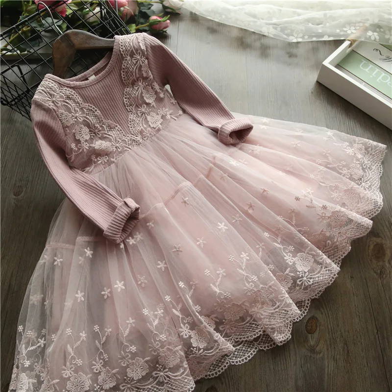 

2-8 Year Girls Lace Dress Autumn Fashion Children Warm Knit Dress Girls Long Sleeve Lace Party Dress Baby Clothes D0254