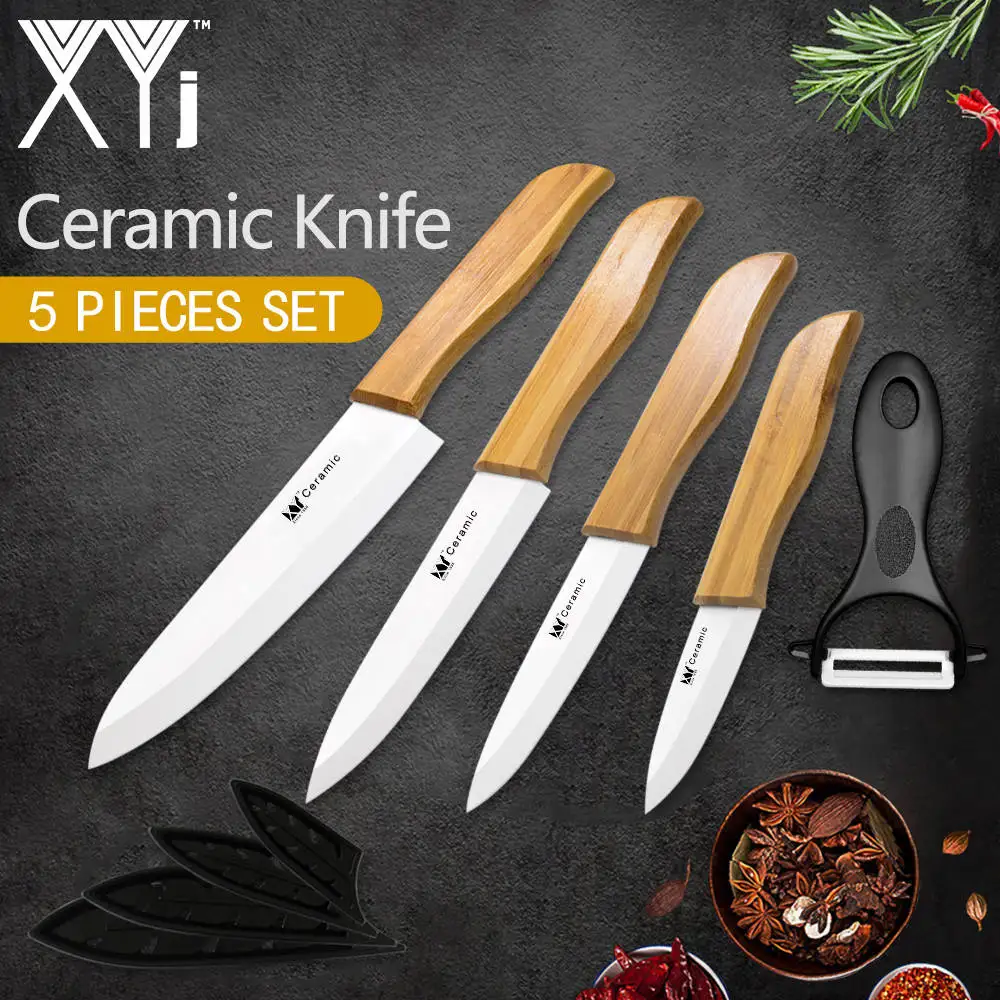 XYj, кухонный нож с бамбуковой ручкой, аксессуары для приготовления пищи, черное лезвие, керамический нож, набор кухонных инструментов " 4" " 6"+ Овощечистка - Цвет: Handle Style 2