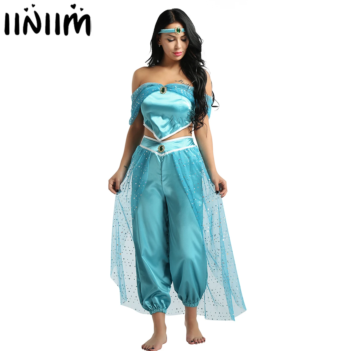 

Womens Adult Jasmine Princess Glittery Reflective Costume Off Shoulder Crop Top with Pants Set Halloween Cosplay Party Dress Up