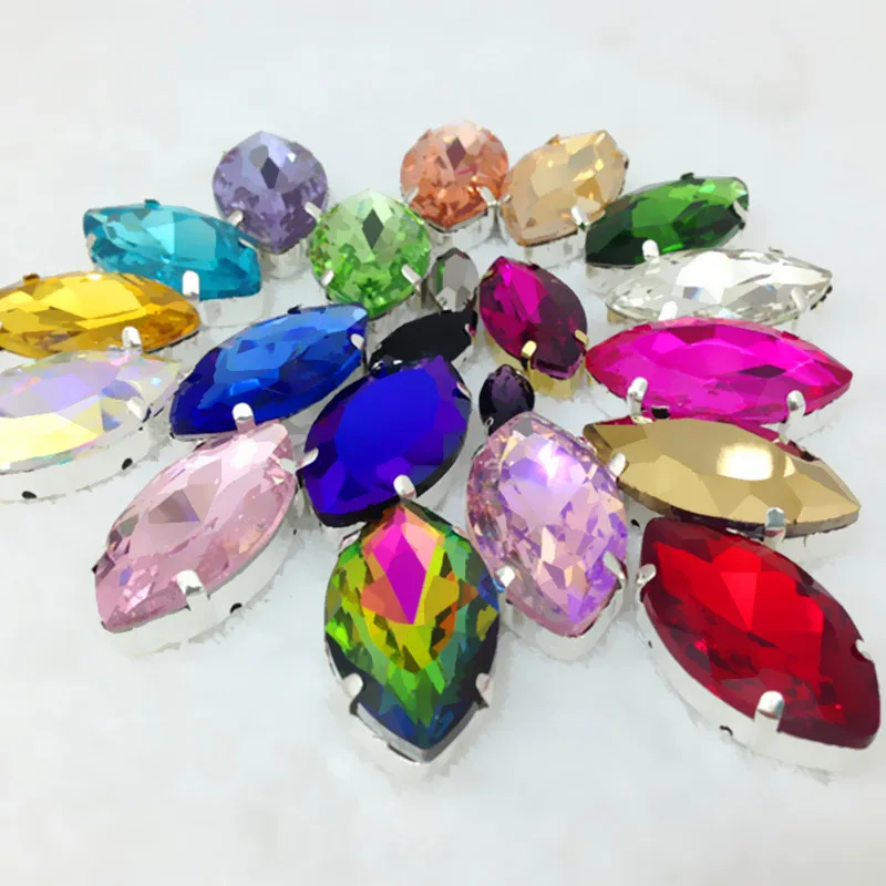 

Navette Sew on Crystal,Horse Eye Glass stone with claw setting for Sewing