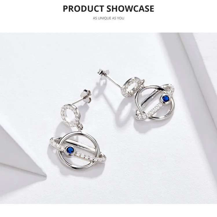 BAMOER Кристальные серебряные серьги планета для женщин 925 пробы серебряные синие CZ Висячие серьги корейский стиль Модные ювелирные изделия BSE094