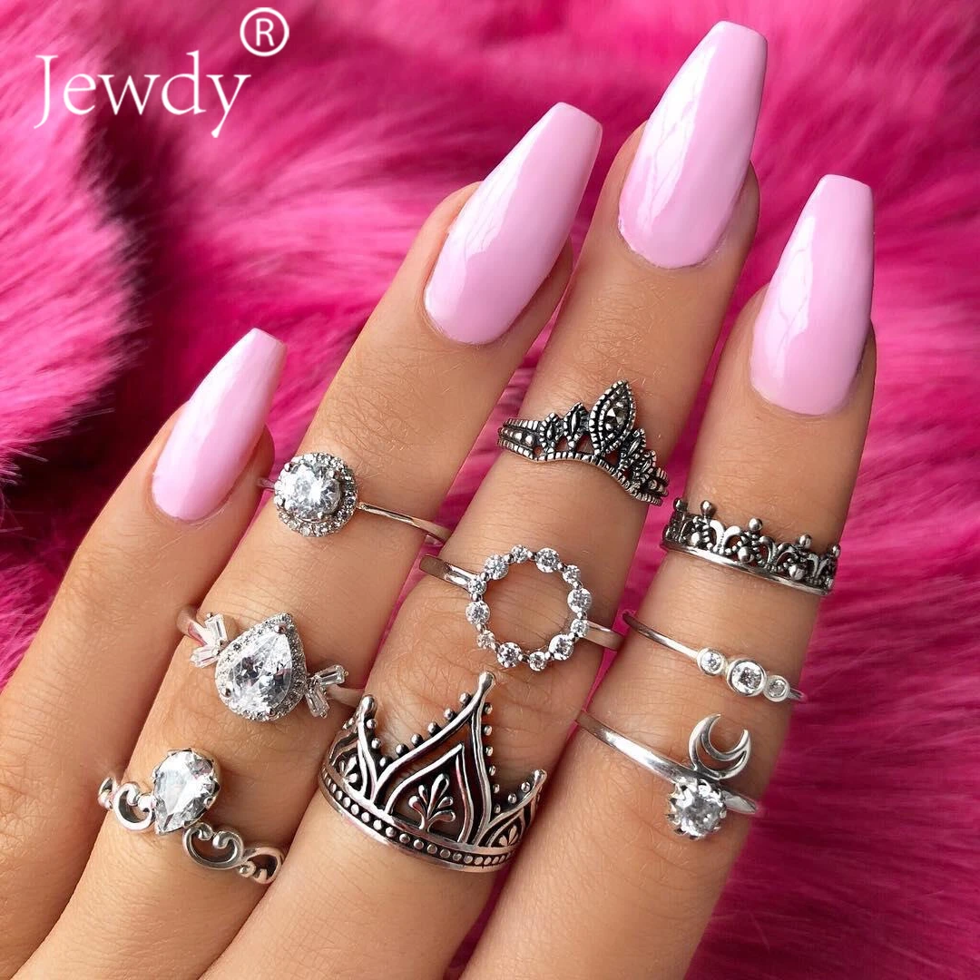 

9 Pcs/ Set Crystal Crown Round Ring for Women Silver Joint Rings Femme Party Midi Fingel Kunckle Bohemian Wedding Gifts 2019 NEW