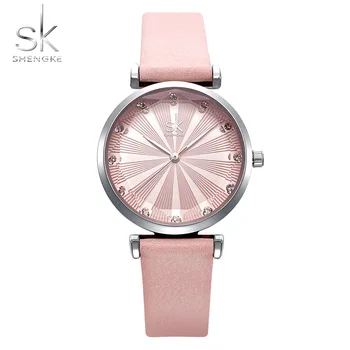 

Pink Women's Leather Watches Shengke Luxury Diamond Case Ladies Wristwatch For Women Fashion Bayan Reloj Mujer Gifts 2019
