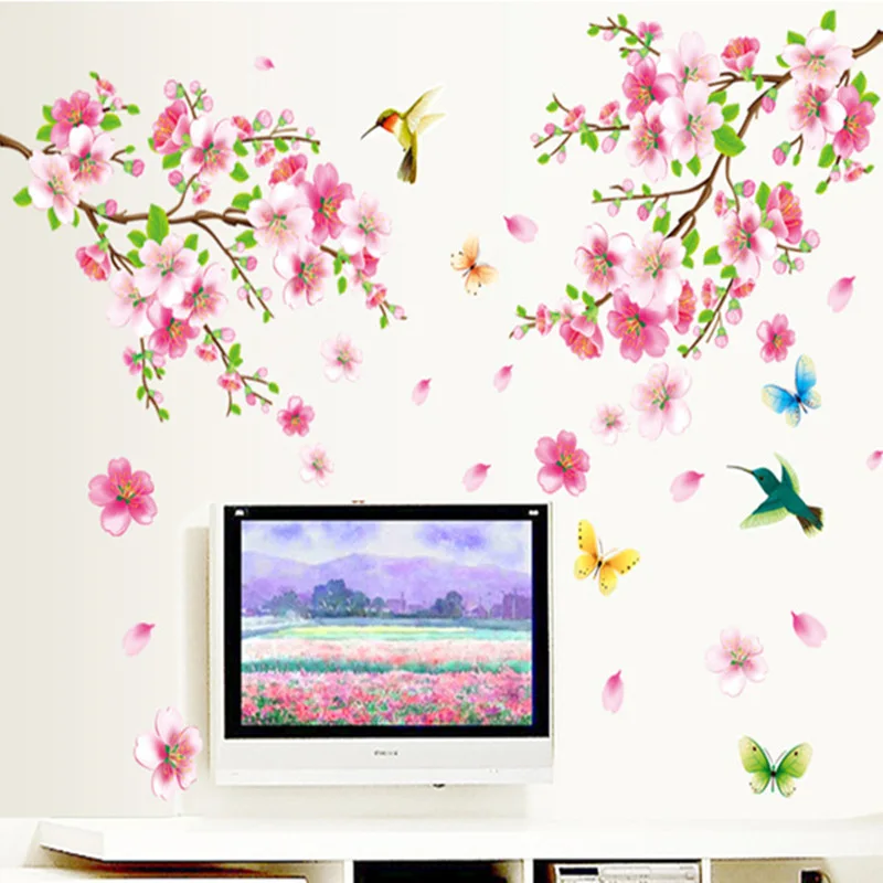 Elegant Flower Wall Stickers Graceful Peach Blossom Birds Wall Stickers