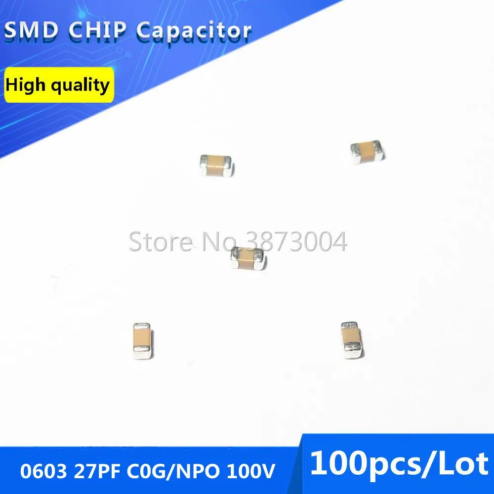 

100pcs 0603 27PF C0G/NPO 100V 5% SMD Chip Capacitor