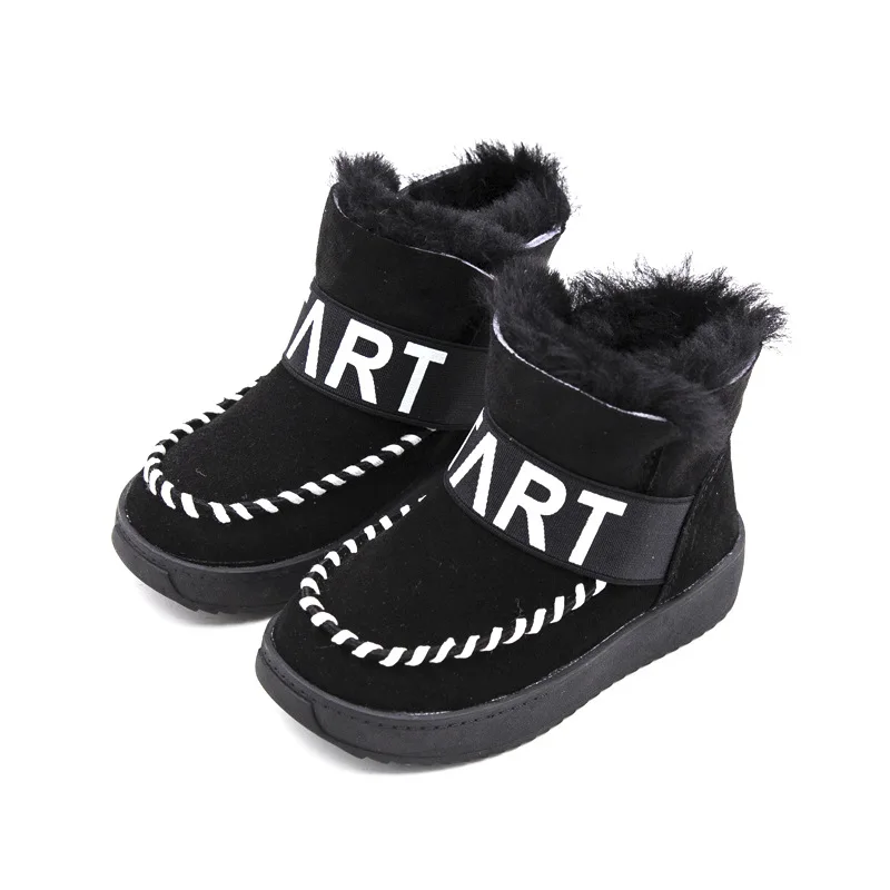 

Kalupao Black Snow Boots Warm Plush Winter Boots for Girls with Woolen Lining Girls Leather Boots Slip-on Children Winter Shoes