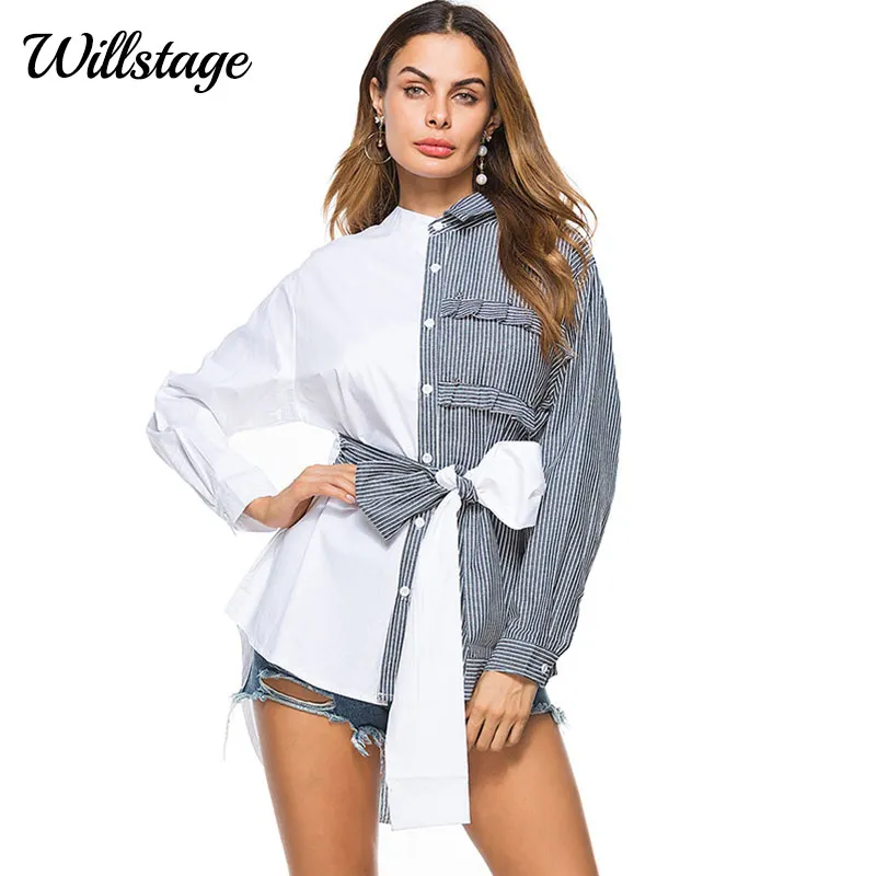 Willstage/женские длинные блузки в полоску Лоскутная Талия бант на шнуровке рубашки с