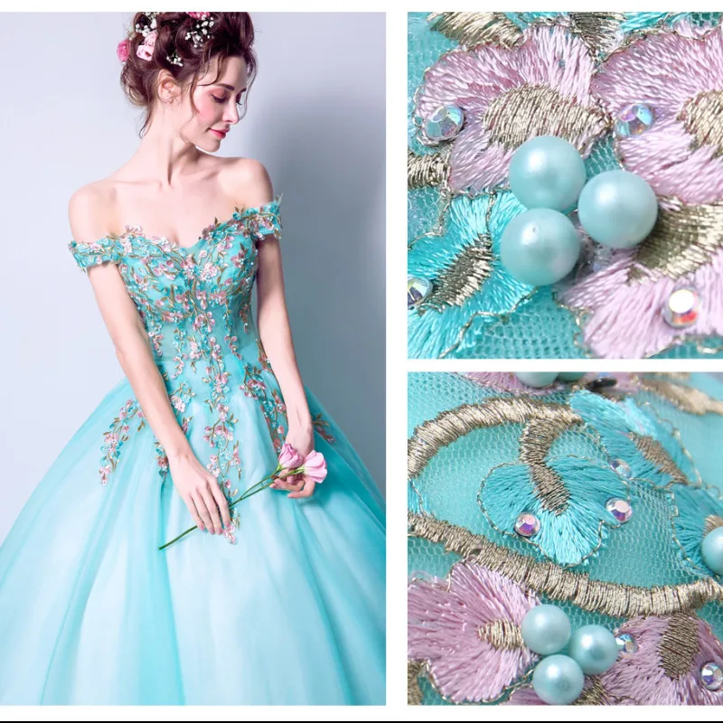 ruthshen Fairytale Ball Gown Prom Dresses 2019 New Light Blue Beading Romantic Flowers Off the Shoulder Vestidos De Prom Gowns