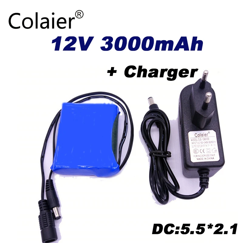 Colaier Dii-12V3000 DC 12V 3000mAh 18650 Li-lon DC12V супер перезаряжаемая батарея+ зарядное устройство переменного тока+ взрывозащищенный переключатель EU