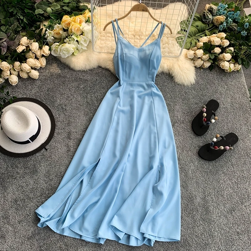 

Slim Fashion Ladies Sexy V Neck Spaghetti Strap Summer Midi Long Slit Dress Party Backless Women Casual Beach Holiday Vestidos
