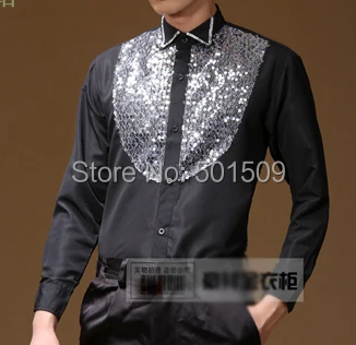 Golden/Black/Royal Blue/Red Sequins Beading Collar Front Mens Tuxedo Party/Event Shirts