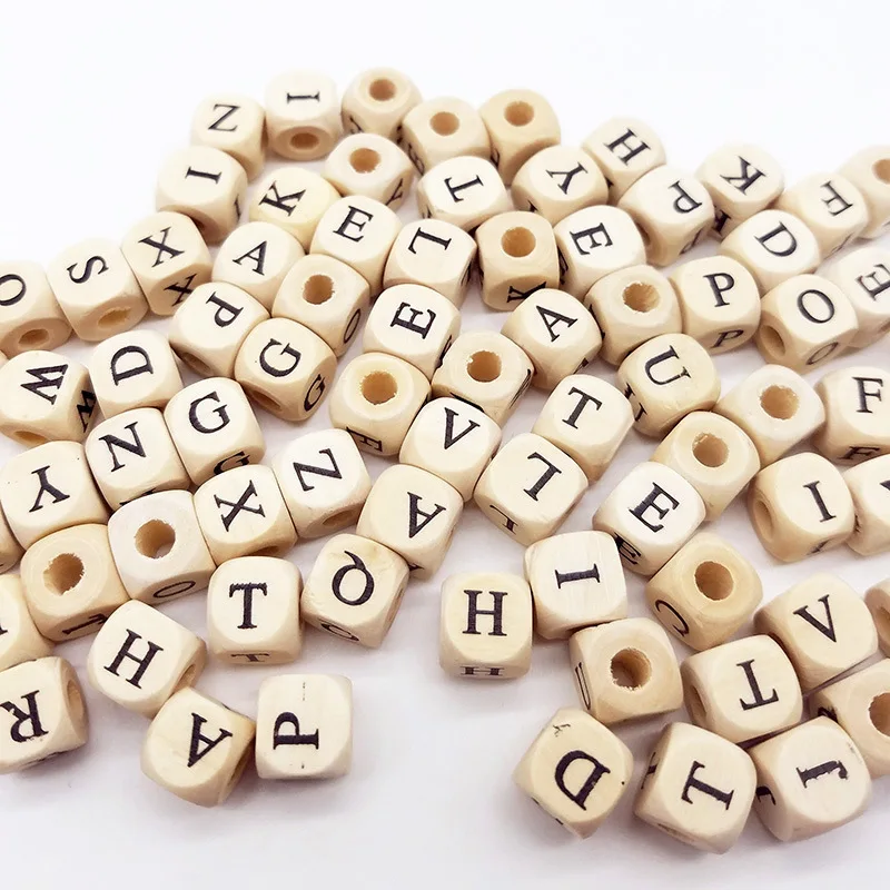 

WD075(100), 10mm Natural Wooden Alphabet A-Z Letters Square Wood Spacer Beads For Baby Smooth Teether Jewelry Pacifier Clip DIY