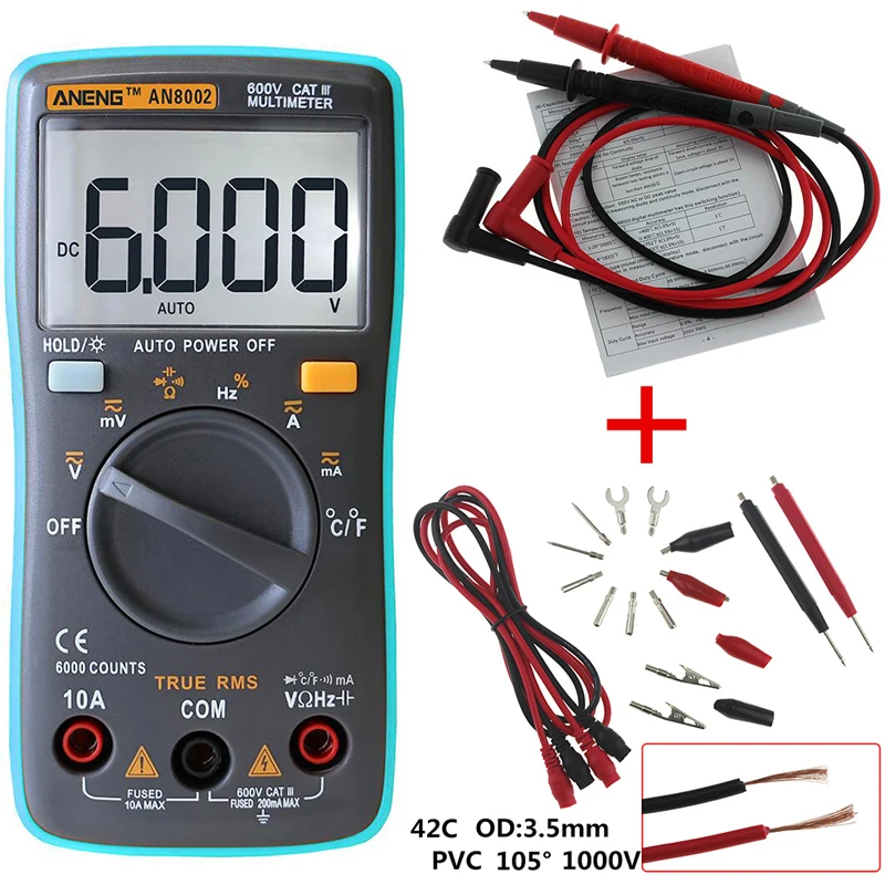 ANENG AN8002 Digital True RMS 6000 Counts Multimeter AC/DC Current Voltage Frequency Resistance Temperature Tester / + Test Lead Set