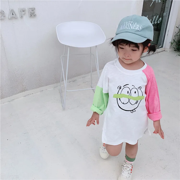 

2019 Autumn girls cartoon long T shirts kids pure cotton loose Splicing sleeve Tees clothes