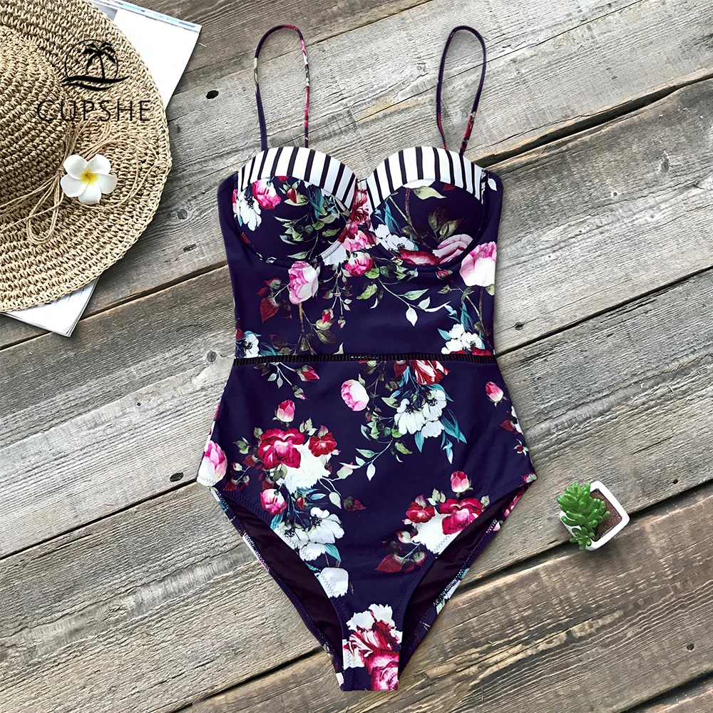 Online CUPSHE Floral Und Streifen Push Up Einteiliges Badeanzug Frauen Sexy Strand Badeanzüge 2020 Neue Mädchen Bademode