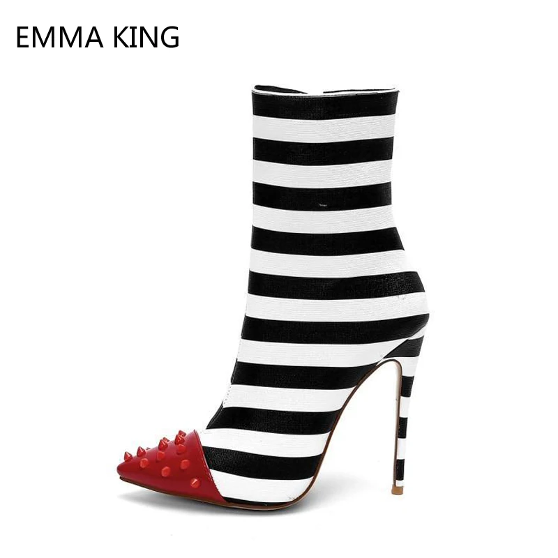 

New Pointed Women Shoes Rivet High Heel Boots Striped Fashion Ankle Boots Super High-heeled Footwear Large Size Ladies Booties