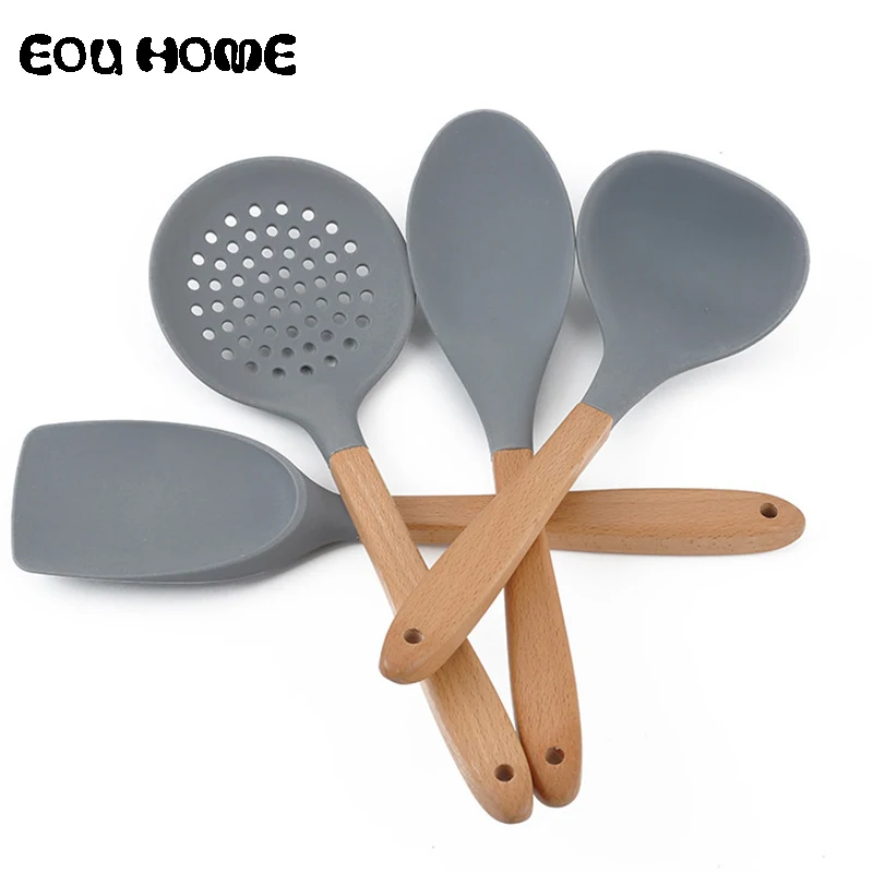 

Beech Handle Non-stick Scoop Spatula Silicone Cooking Tool Sets Kitchen Utensils High Temperature Resistant Cooking Tools Gray