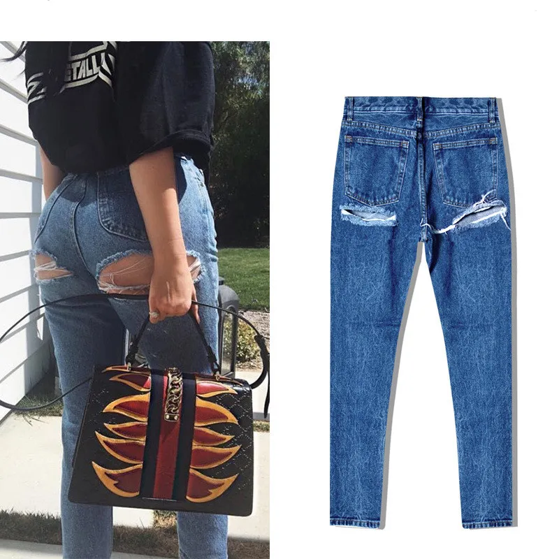 Super Sexy Butt Ripped Hole Jeans Slim Fit Women Jeans High Waist Exposed Hips Fashion Denim Women Boyfriend Skinny Jeans Femme