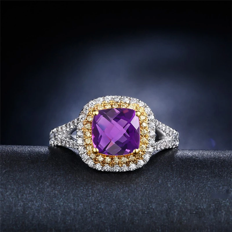 AINUOSHI Природный аметист Square Ring 2.5ct Подушки Огранки Драгоценных Камней Обручение вечерние Для женщин Jewelry 925 пробы серебро Желтый Halo Кольцо