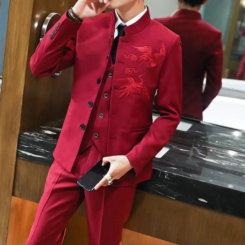 

LOLDEAL Spring Autumn British Style Suits Groom Wedding Dress Suits Slim Fit Dragon Embroidery Business Set Suit