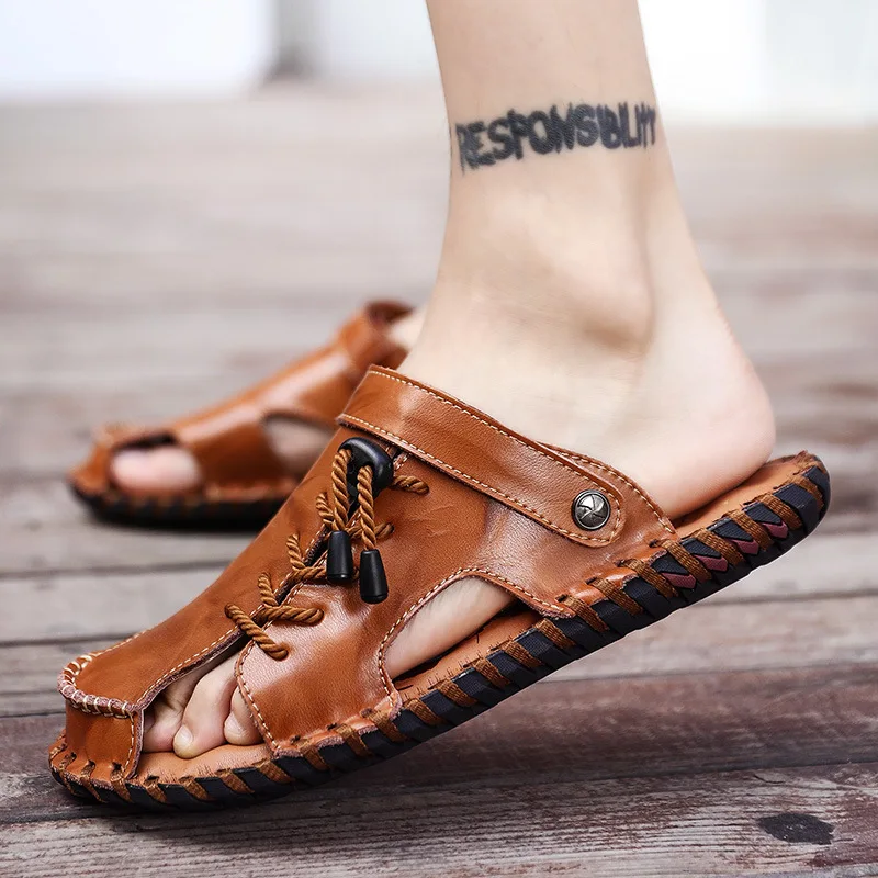 

Mens Slippers Outdoor Summer Flat 2019 Breathable Beach Slippers PU Leather Slides Hollow Out Mens Shoes Size 38-44