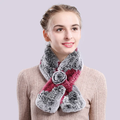gray and rose red Хит Настоящий мех кролика кольцо женские зимние шарфы шарф из меха кролика рекс теплый мягкий пушистый натуральный мех кролика шейный платок - Цвет: gray and rose red