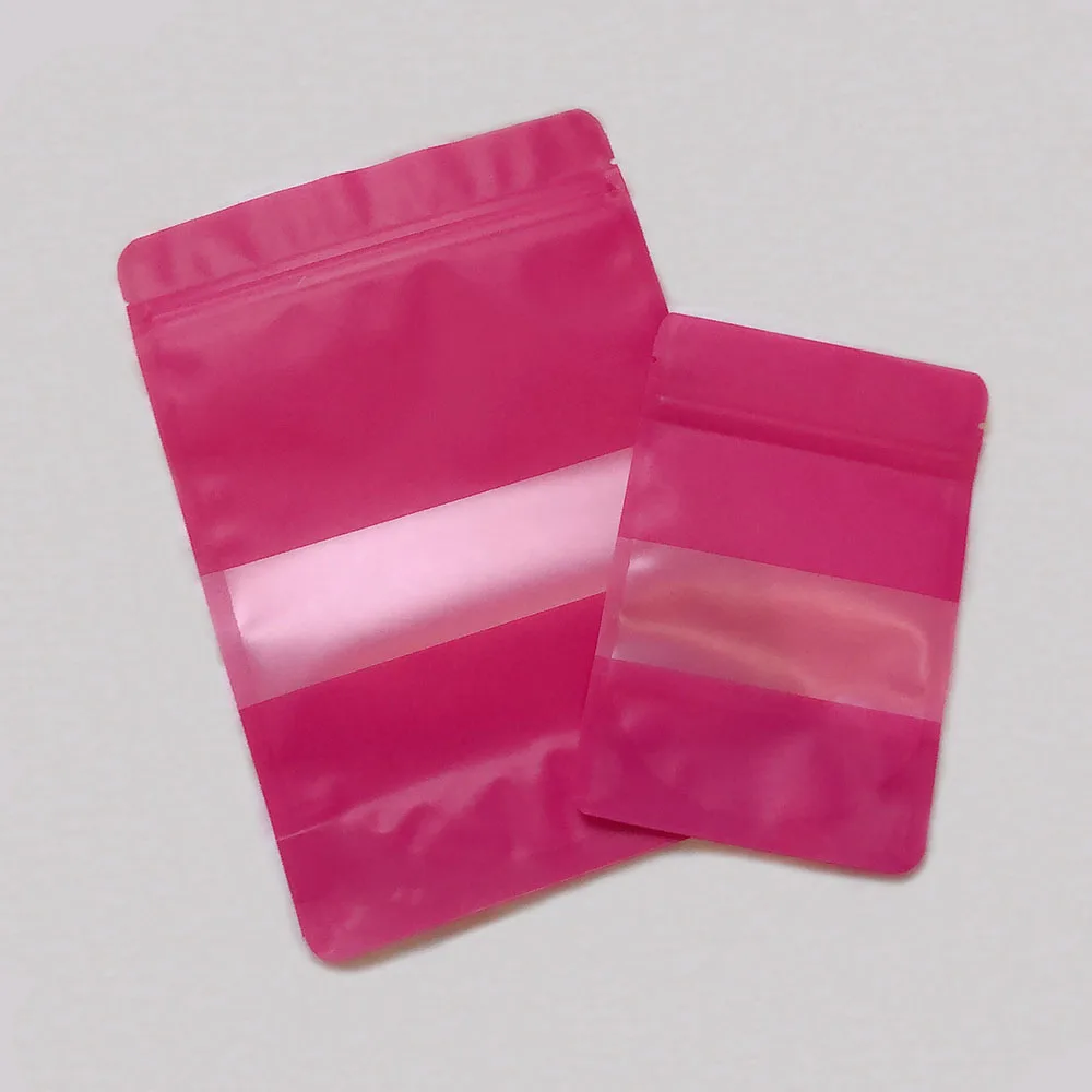 100 Pcs Stand Up Colorful Aluminum Foil Food Zipper Bag with Window, Pink Green Black Food Storage Packaging Plastic Pouch - Color: Pink