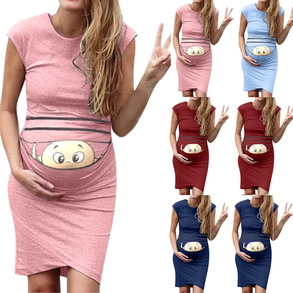 

4Color Women's Maternity Comfy Dress sleeveless Pregnancy Dress Maxi Cartoon Letter Print Dress Creative Pregnant Women Dresses