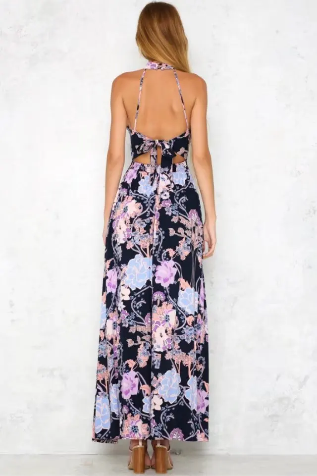 Vintage Robe Noir New Longue Dos Sans Maxi Printemps 2018 Impression Élégant Nu Femmes Style Slim Halter Robes Boho De Manches YwgqgtH