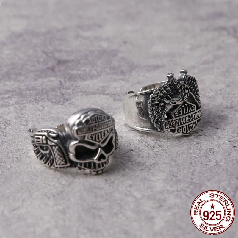 

S925 sterling silver open ring jewelry trend punk retro Thai silver popular men's personality skull eagle locomotive jewelry new