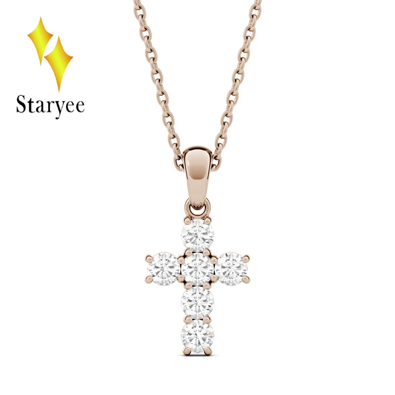 

Test Positive Real 18K Rose Gold Round Brilliant Lab Grown Moissanite Diamond Cross Pendant Necklaces For Men Women