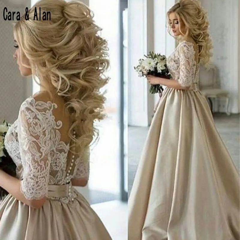 

robe mariage Champagne Wedding Dresses Sheer Neck Half Sleeves Appliques Lace vestidos de novia Satin Vintage Bridal Gowns