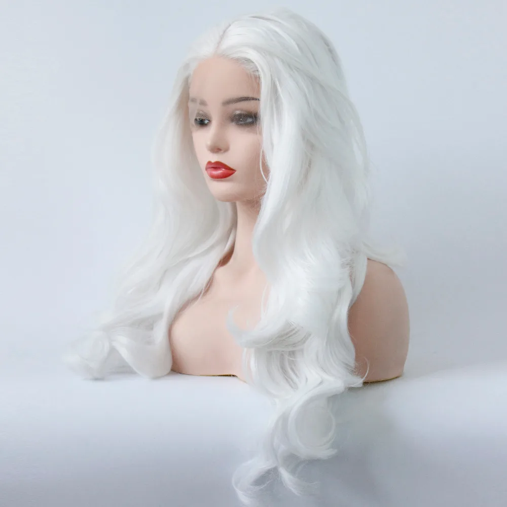 alt=``Snow White Synthetic Lace Front Wigs Heat Resistant Fiber Hair Long Body Wave Wig For Women Middle Part Cosplay Wig``-2