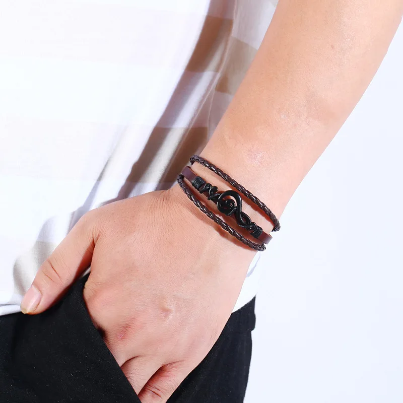 LE SKY кожаный браслет для мужчин и женщин, кожаные браслеты, панк-веревка, цепь, музыкальные фанаты, уникальный браслет для мужчин