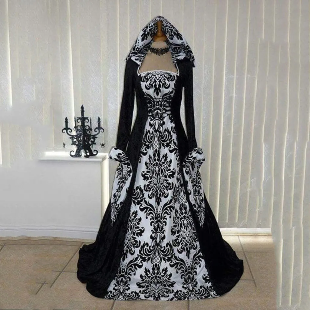 Feitong/винтажное платье в стиле ретро; одежда с длинными рукавами в готическом стиле; платья для косплея; платье с цветочным принтом и круглым вырезом; длинное вечернее платье; vestidos
