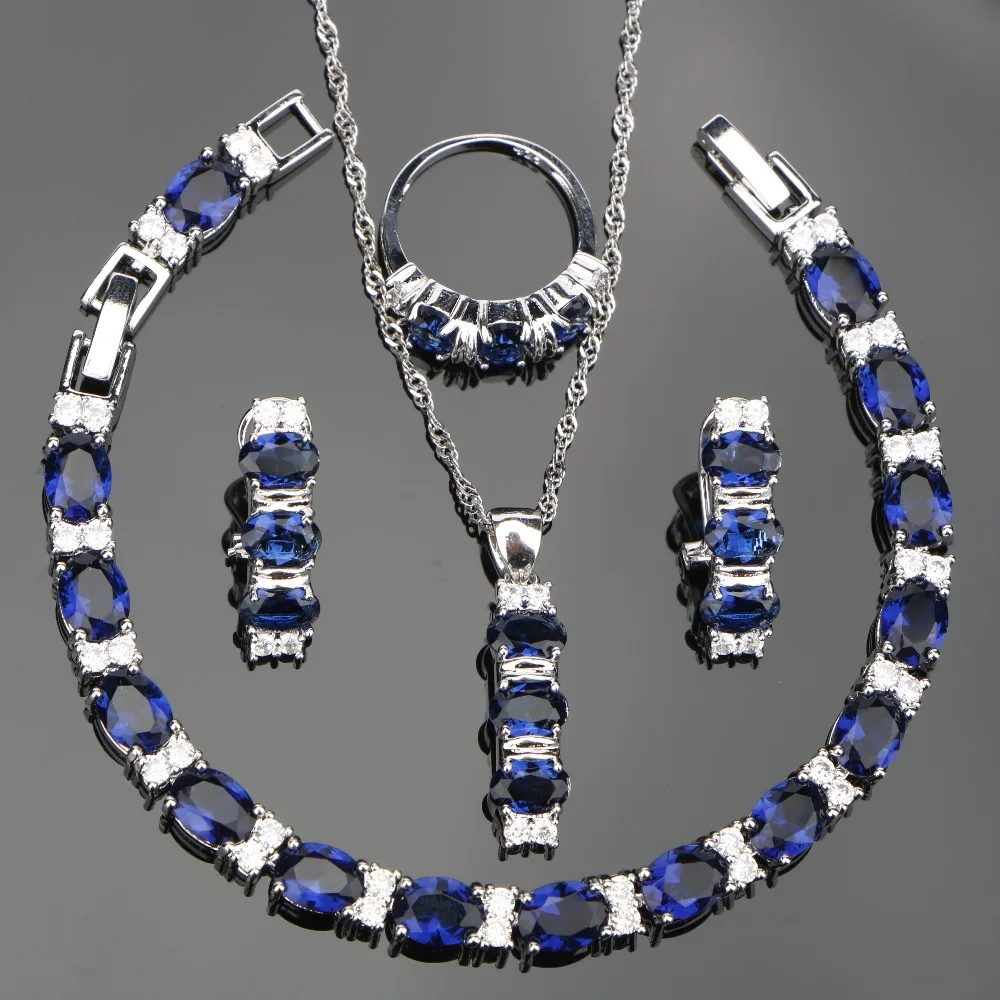

Costume Silver 925 Jewelry Sets Women Blue Zirconia Earrings With Stones Necklace Pendant Rings Bracelets Set Jewelery Gift Box