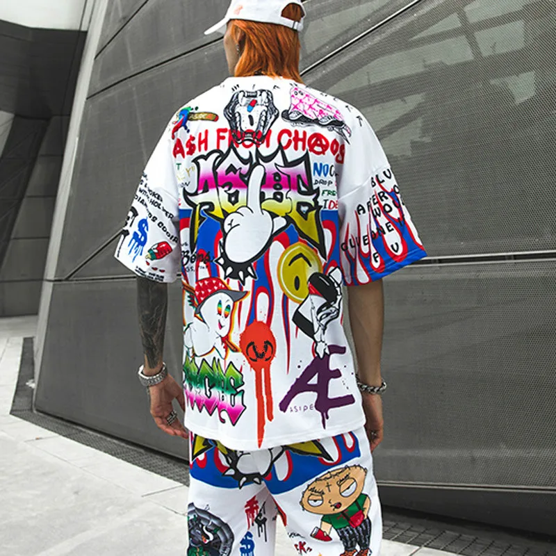 2 шт. наборы мужская Мода граффити печатных короткий рукав свободная футболка и эластичный пояс Sweatpant Harajuku одежда хип хоп набор